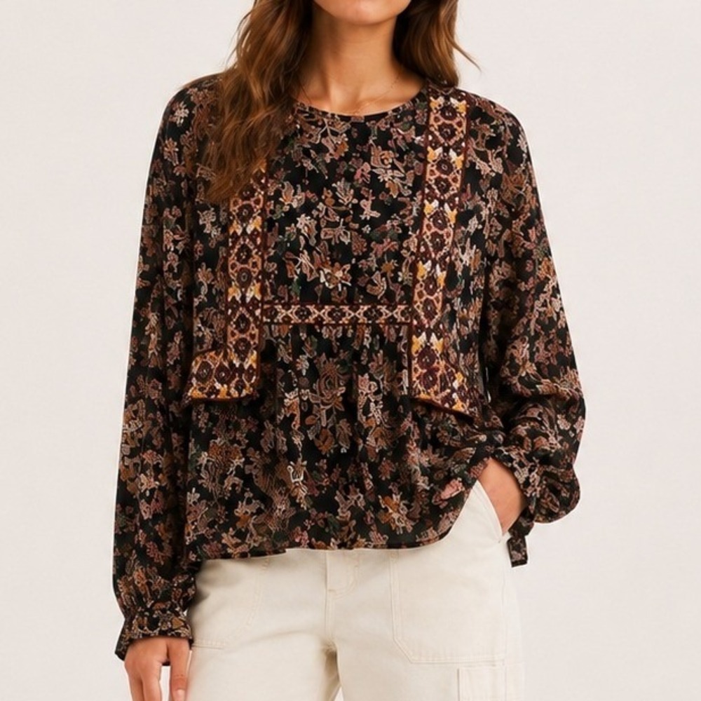 Zara Beaded Embroidered Sheer Blouse Black Multi XS Rustic Botanical Peasant